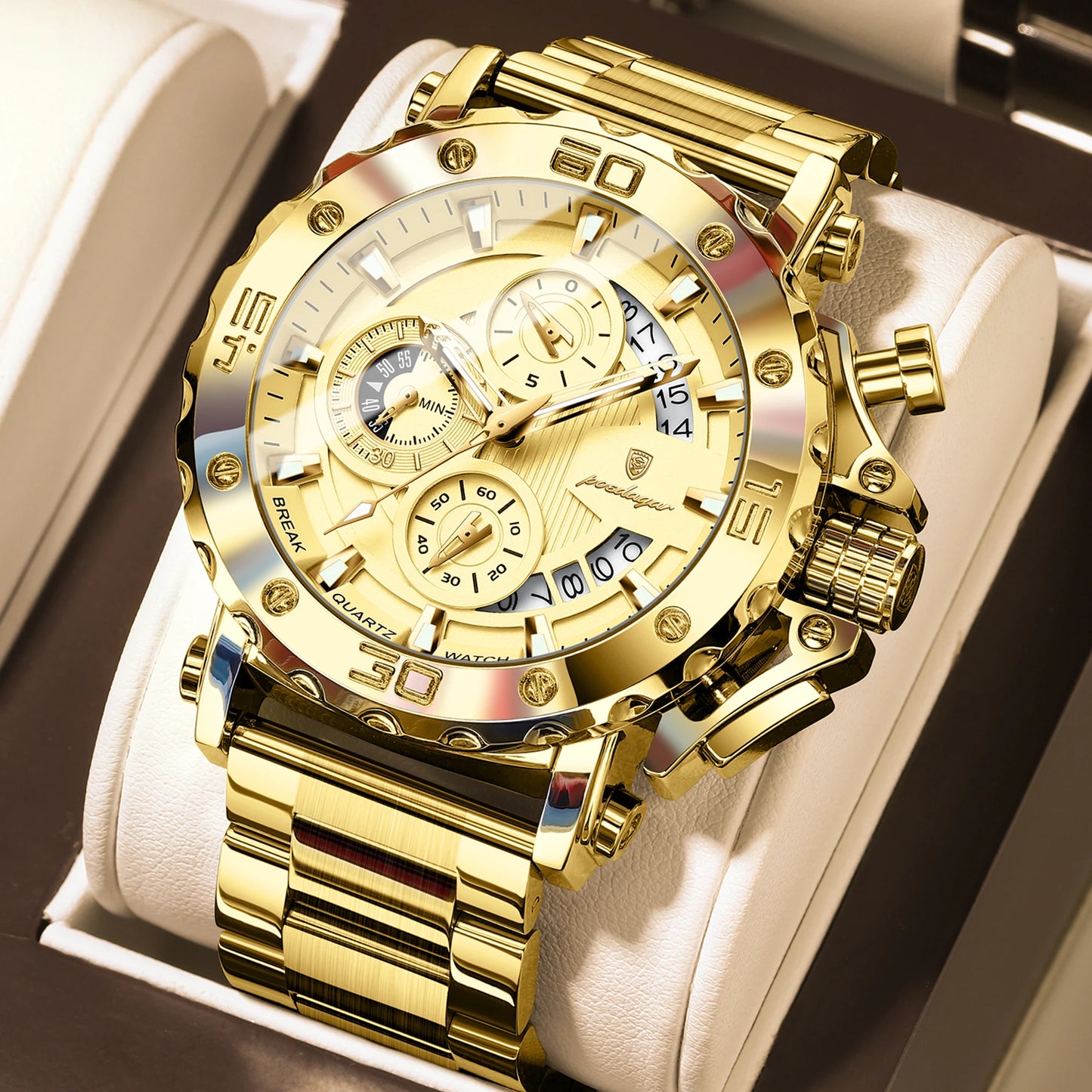 POEDAGAR Top Business Men's Wristwatch Luminous Waterproof Man Clock Chronograph Calendar Stainless Steel Quartz Watches For Men