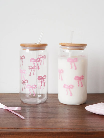 1/2/4/6Pcs Glass Cups with Bowknot Print, with Lid and Straw, Exquisite and High-End Bowknot Glass Cups, Suitable for Home Decoration, Daily Household Drinking Cups, Outdoor Picnic Cups, Party Cups, Breakfast Milk Cups, Gift-