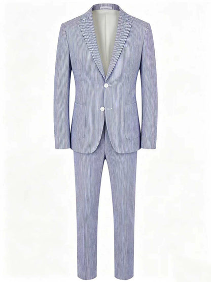 Men Summer Striped Seersucker 2 Piece Suit Wrinkle Free Light Blazer Trousers All Match Gentleman Daily Outfit