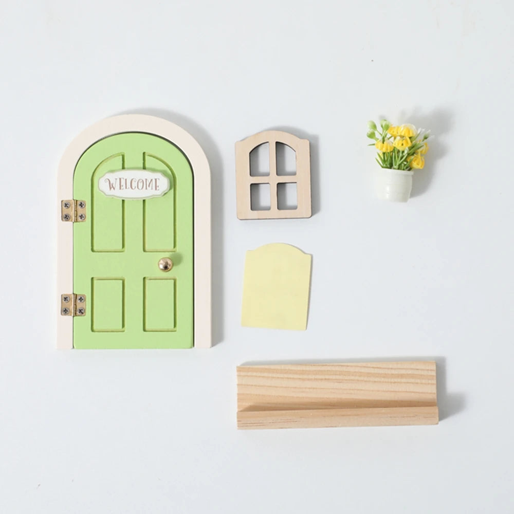 Wooden Elf Door Set Cartoon Room Decor Dollhouse Character Stickers Fairytale-Style Balcony Decor Hanging Ornaments Gift
