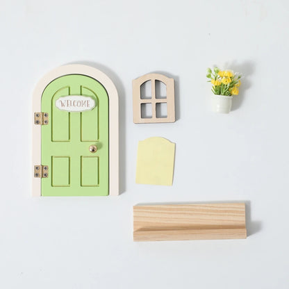 Wooden Elf Door Set Cartoon Room Decor Dollhouse Character Stickers Fairytale-Style Balcony Decor Hanging Ornaments Gift