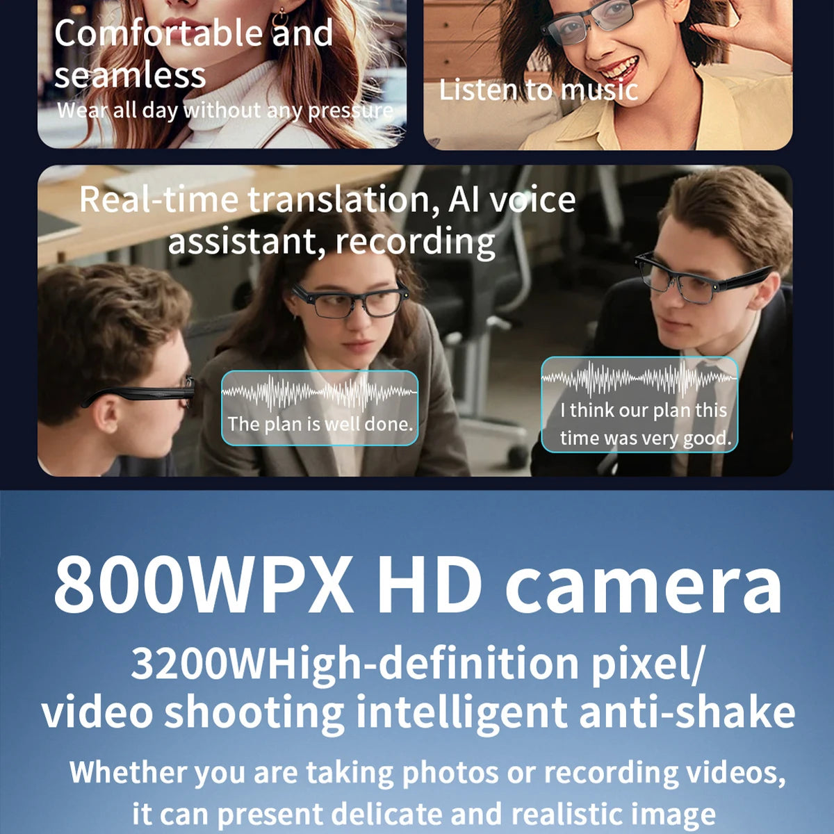 Okulary AI Smart Camera HD Tłumaczenie w Czasie Rzeczywistym Bezprzewodowe Bluetooth Połączenia Dotykowe Sportowe dla Mężczyzn Muzyczne Okulary z Tłumaczem Języka