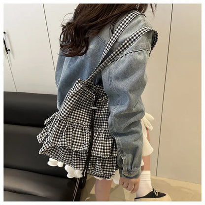 Cute Plaid Cotton Tote Bag Large Capaci Lace Trim Women's Summer 2026 Simple Lady Handbag Soft Shoulder Bags Bolsa Feminina