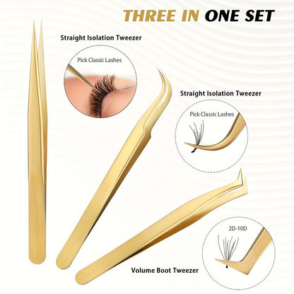 High Precision Eyelashes Tweezers Set - Includes 3 Stainless Steel Eyelash Tweezers for Makeup Classic Individual and Lash Exten