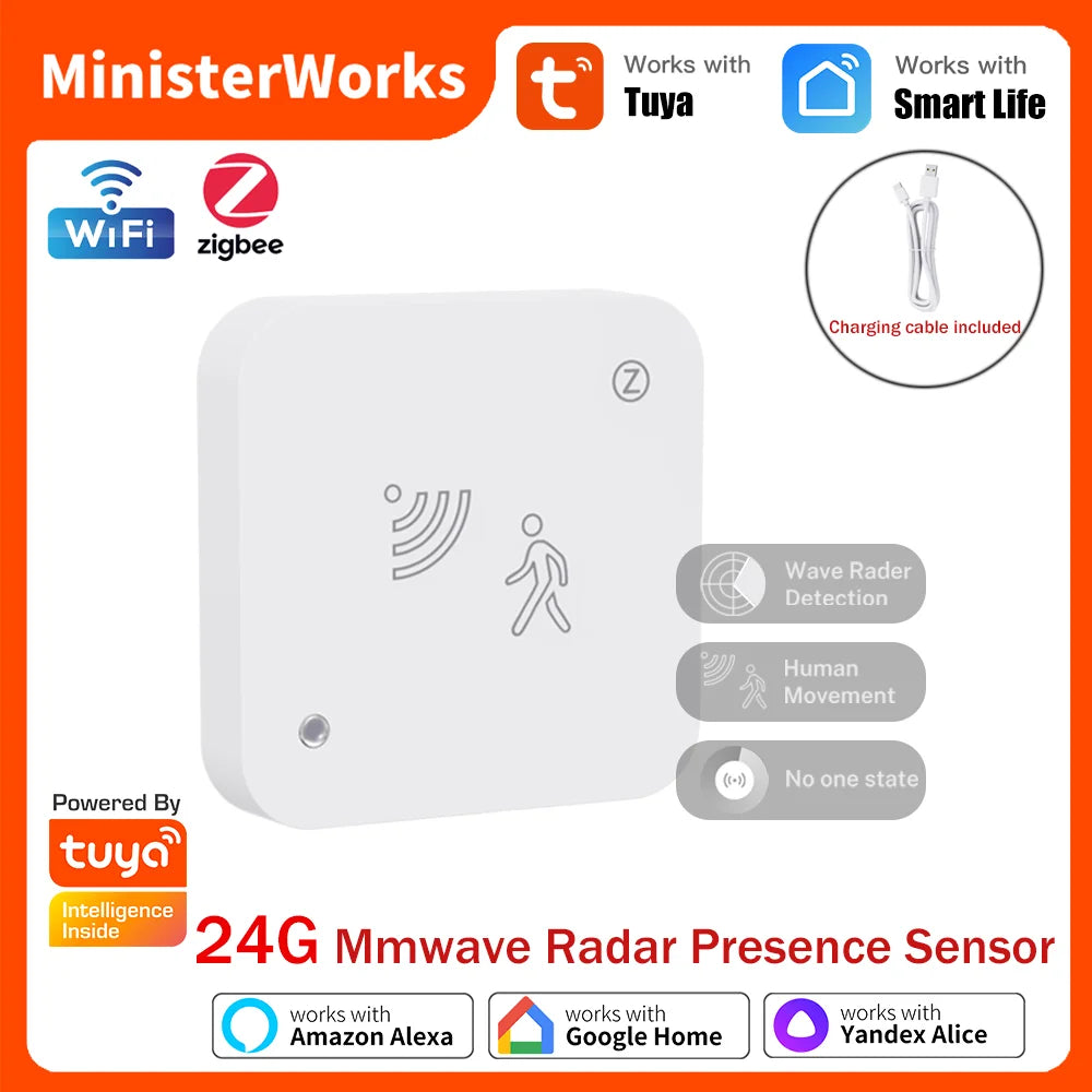 Tuya WiFi Zigbee 24G Mmwave Radar Presence Sensor Human Detector Motion/Static Detection Home Security Alarm For SmartLife Alexa