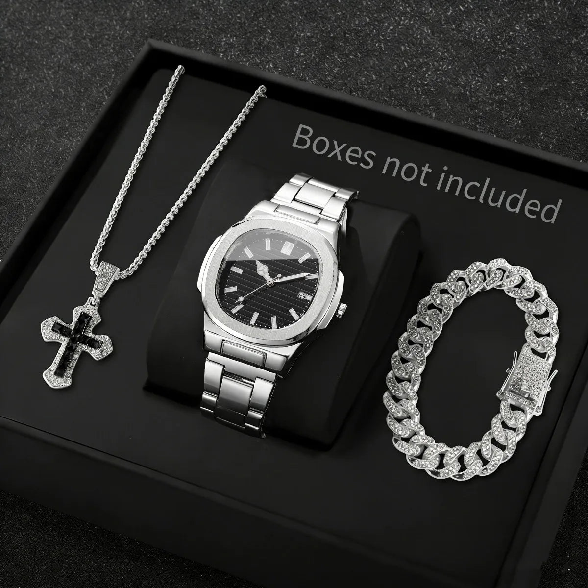 3PCS Fashion Men Business Watches Bracelet Necklace Set Square Dial Stainless Steel Band Quartz Watch with Calendar（Without Box）