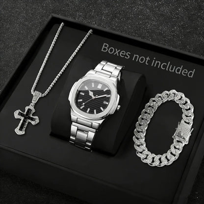 3PCS Fashion Men Business Watches Bracelet Necklace Set Square Dial Stainless Steel Band Quartz Watch with Calendar（Without Box）