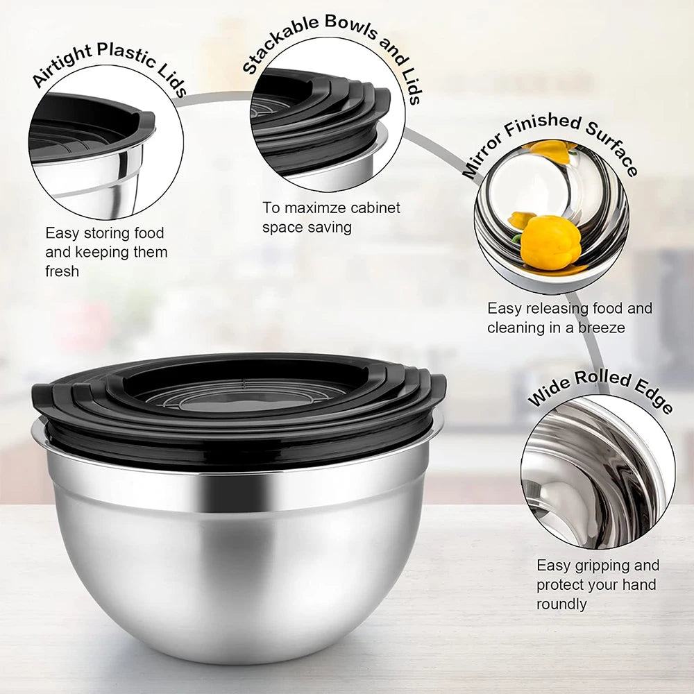 LMETJMA 6 Pcs Stainless Steel Mixing Bowls with Black Lids Kitchen Nesting Salad Mixing Bowl With Non-slip Silicone Bottom JT327