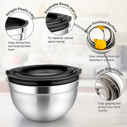 LMETJMA 6 Pcs Stainless Steel Mixing Bowls with Black Lids Kitchen Nesting Salad Mixing Bowl With Non-slip Silicone Bottom JT327