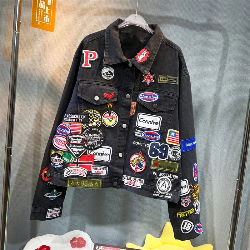 Y2K Spring and Autumn New Men's Embroidered Denim Jackets Trendy and Handsome Slim Fit Badge Jeans Coat