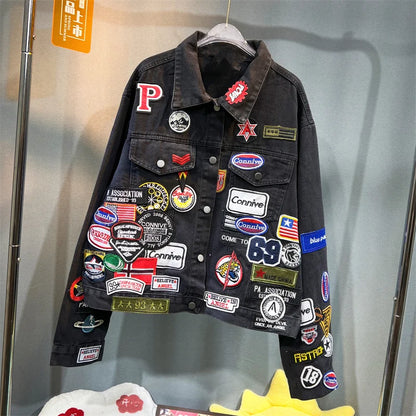 Y2K Spring and Autumn New Men's Embroidered Denim Jackets Trendy and Handsome Slim Fit Badge Jeans Coat