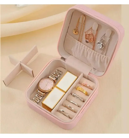 Solid Color PU Leather Material Jewelry Storage Box Travel Earrings Necklace Ring Organizer Case For Travel
