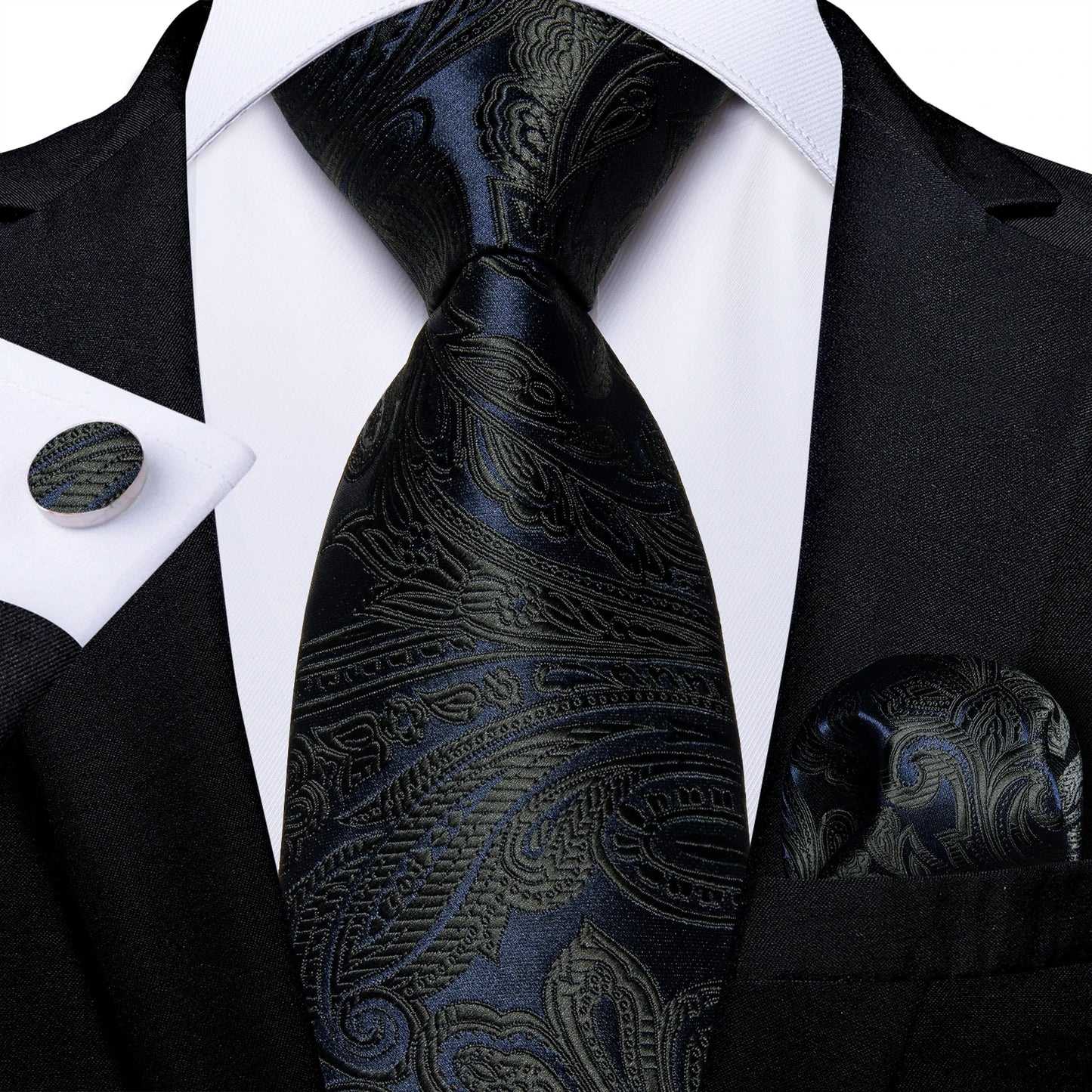 Black And Silver Paisley Floral Men's Ties Gray Blue Pink Wedding Accessories Neck Tie Set Handkerchief Cufflinks Gift For Men