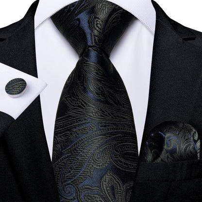 Black And Silver Paisley Floral Men's Ties Gray Blue Pink Wedding Accessories Neck Tie Set Handkerchief Cufflinks Gift For Men