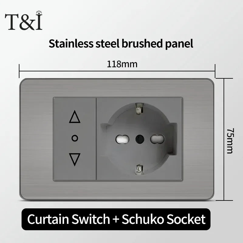 118 US Mexico Grey Stainless Steel Brushed 2way Electrical Light Switch Home Wall Socket Plug Double USB Type-C Power Outlet