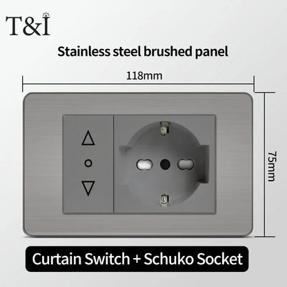 118 US Mexico Grey Stainless Steel Brushed 2way Electrical Light Switch Home Wall Socket Plug Double USB Type-C Power Outlet