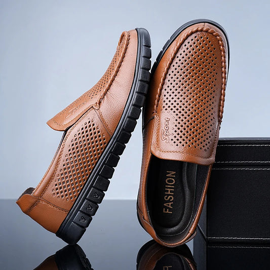 Men's Slip-On Loafers Summer Hollow Out Breathable Casual Shoes Comfortable Soft Sole Anti-Slip Leather Shoes-8822