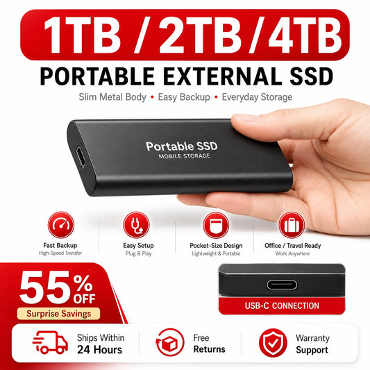 Portable 2TB External SSD Drive USB 3.0 Type-C Compact Storage Hard Drive for Laptop Mac PC Phone