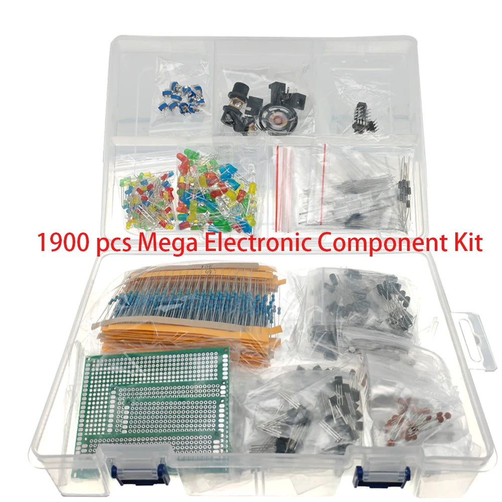 1900 pcs Mega Electronic Component Kit including Assortment + Capacitors + Resistors + LED + Transistors + DC Jacks + PCB +opamp