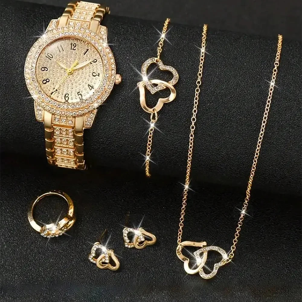 Full Diamond Roman Literal Steel Strip Women's Watch Starry Charm Business Quartz Watch Women's Watch Jewelry Set