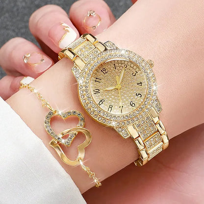 Full Diamond Roman Literal Steel Strip Women's Watch Starry Charm Business Quartz Watch Women's Watch Jewelry Set