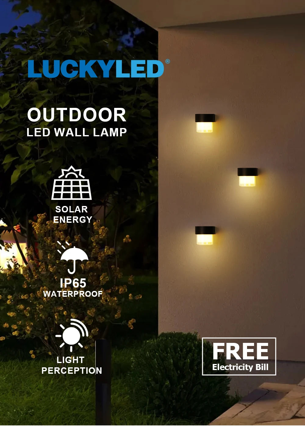 LUCKYLED Solar Outdoor Wall Light Waterproof LED Facade Wall Lamp 4W Wireless Street Porch Garden Lighting