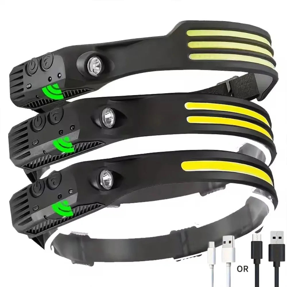COB LED Headlamp Induction Head Lamp Built-in Battery USB Rechargeable Head Flashlight Outdoor Camping Fishing Sensor Headlight
