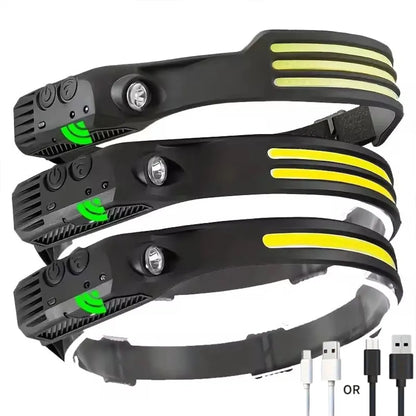 COB LED Headlamp Induction Head Lamp Built-in Battery USB Rechargeable Head Flashlight Outdoor Camping Fishing Sensor Headlight