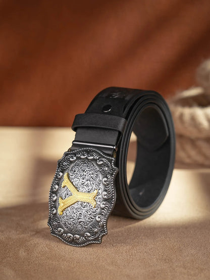 Western Cowboy PU Leather Belt - Men Waist Strap Bull Decoration Floral Engraved for Jeans