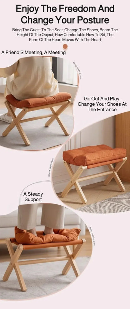 Solid Wood Folding Entryway Stool - Shoe Changing Footstool with Cotton-filled Cushion for Sofa Rest