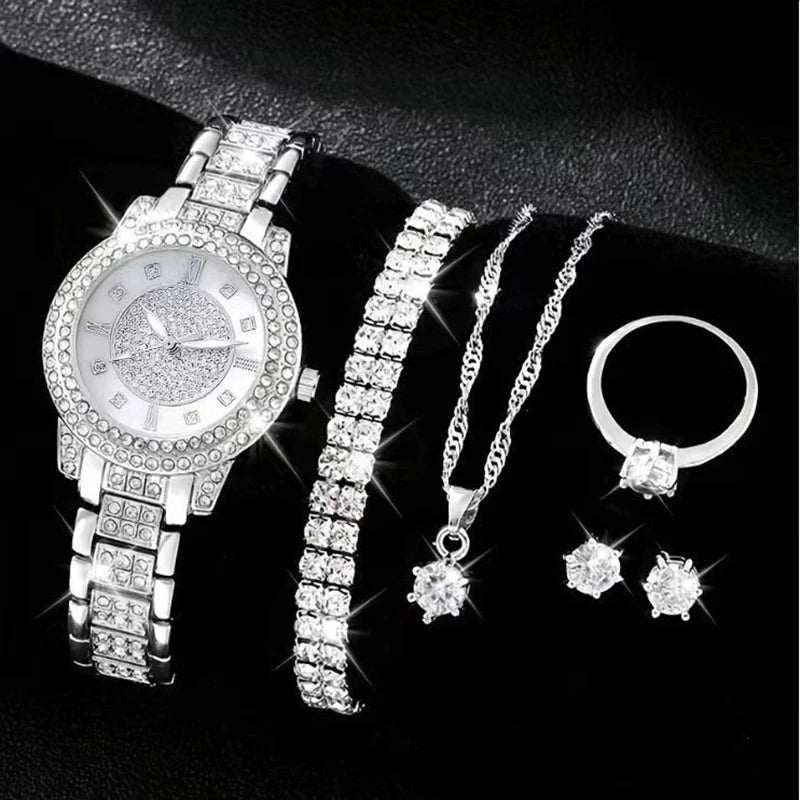 6PCS Women Watch Luxury Elegant Alloy Watch Crystal Wristwatch For Ladies Gift Quartz Watch Alloy Rhinestone Bracelet Montre