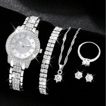 6PCS Women Watch Luxury Elegant Alloy Watch Crystal Wristwatch For Ladies Gift Quartz Watch Alloy Rhinestone Bracelet Montre