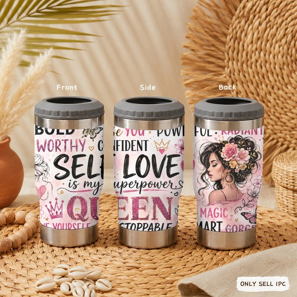 COOL Woman Motivational Vacuum Flasks 4-in-1 Stainless Steel Can Cooler Insulated Beer Soda Coffee Holder Dual Lids Fits 12oz