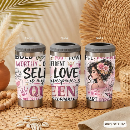 COOL Woman Motivational Vacuum Flasks 4-in-1 Stainless Steel Can Cooler Insulated Beer Soda Coffee Holder Dual Lids Fits 12oz