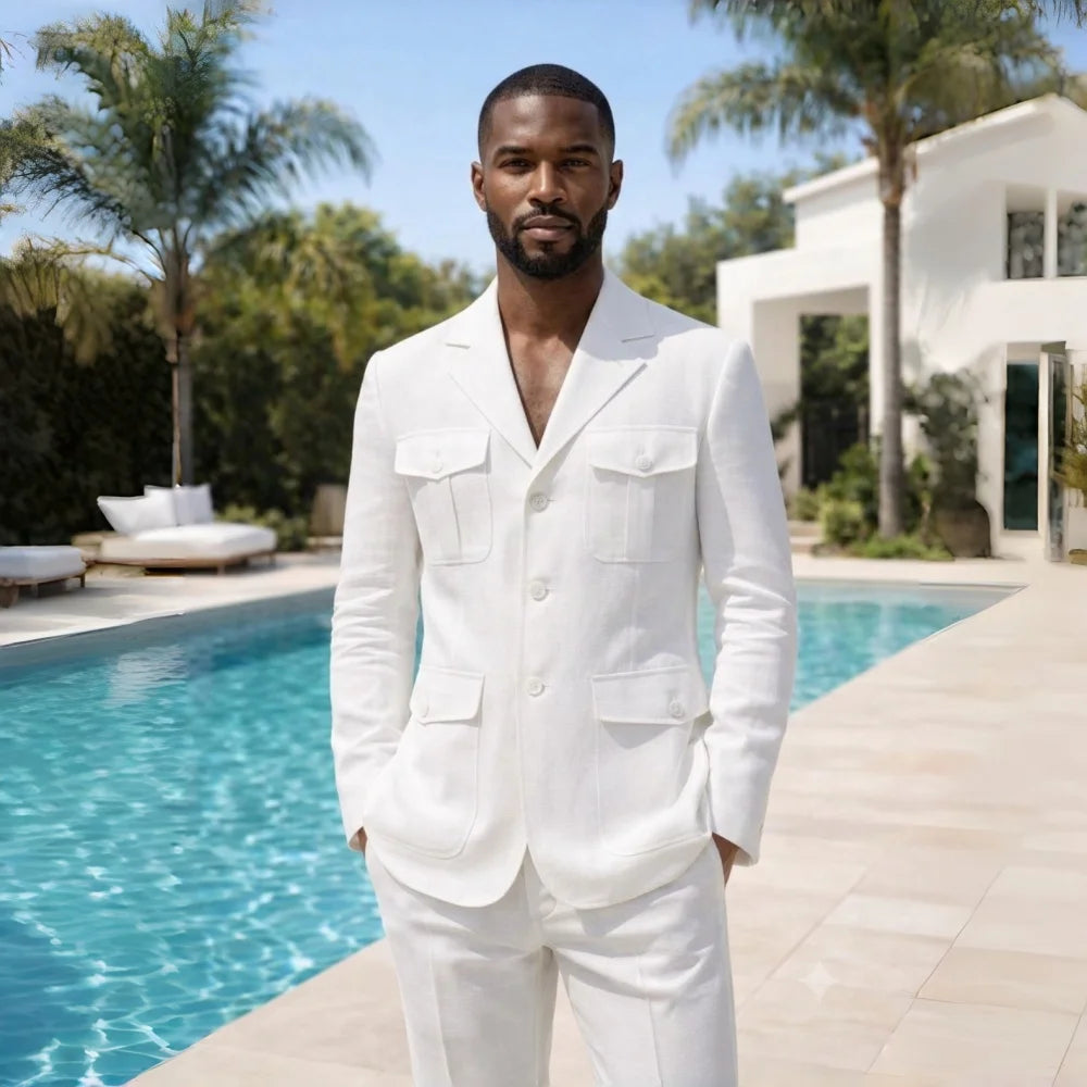 Linen Summer Safari Suits For Men 2 Pieces Separates Blazer Pants Set Casual Outfit For Beach Wedding Prom Party Man Suit