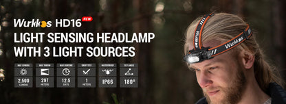 Wurkkos HD16 Headlamp 2500 lm featuring red and white light modes and a sensor powered by an 18650 battery with USB-C charging