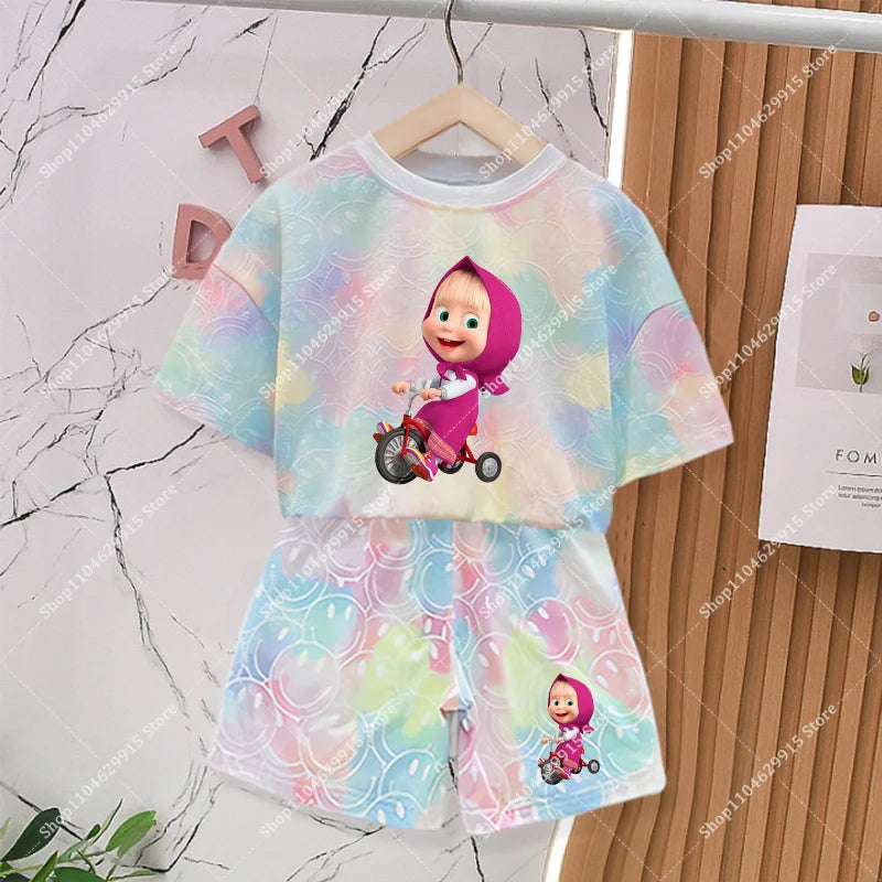 Mashas and The Bear Sets Summer Outdoor Breathable Soft Lightweight Casual Tracksuit Kawaii Anime Fashion Smile Outfit Set Gifts