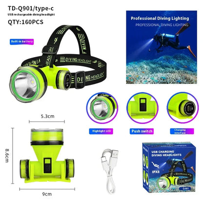 Portable Rechargeable Diving Headlight 350m Underwater Lighting Flashlight Super Bright LED Diver Spearfishing Headlamp