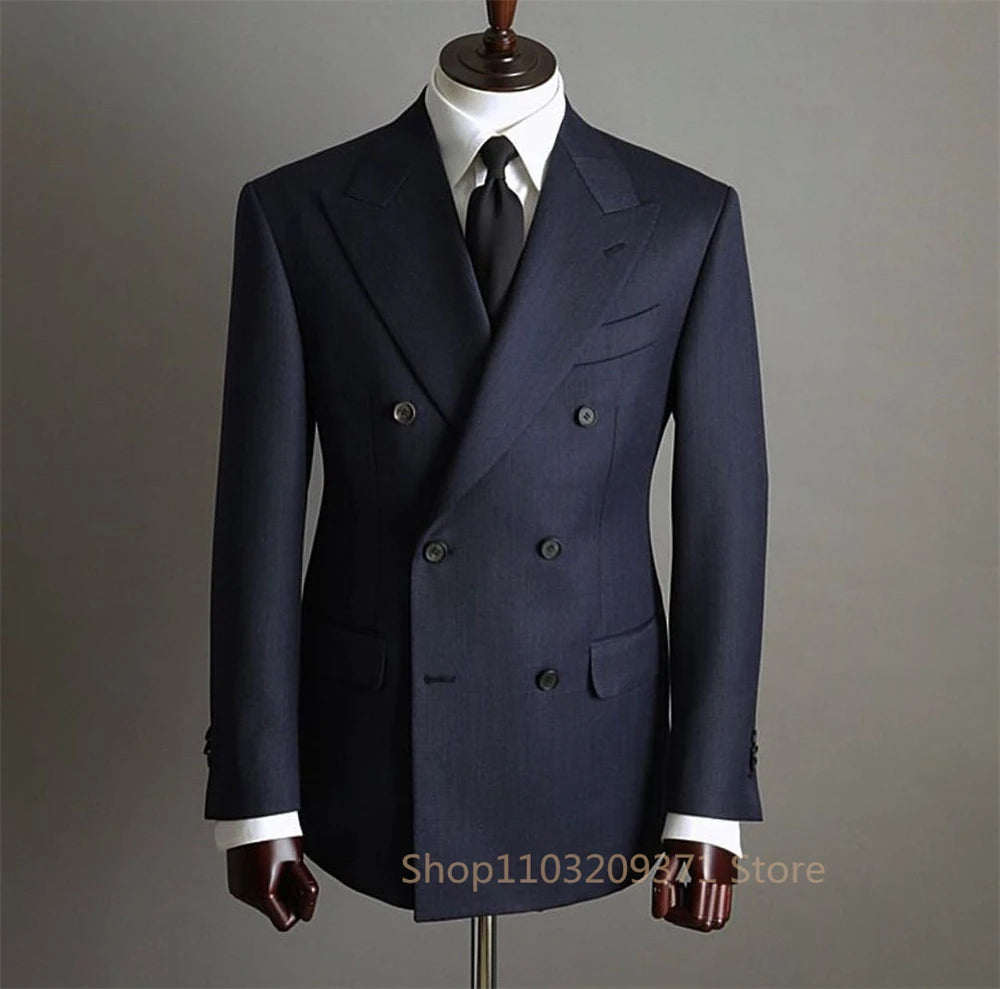 Navy blue Suit Set Fashion Buttons Pockets Blazer Men Business Suit Set Formal Turndown Collar Suit for Dating Groom Formal