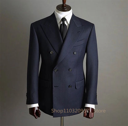 Navy blue Suit Set Fashion Buttons Pockets Blazer Men Business Suit Set Formal Turndown Collar Suit for Dating Groom Formal