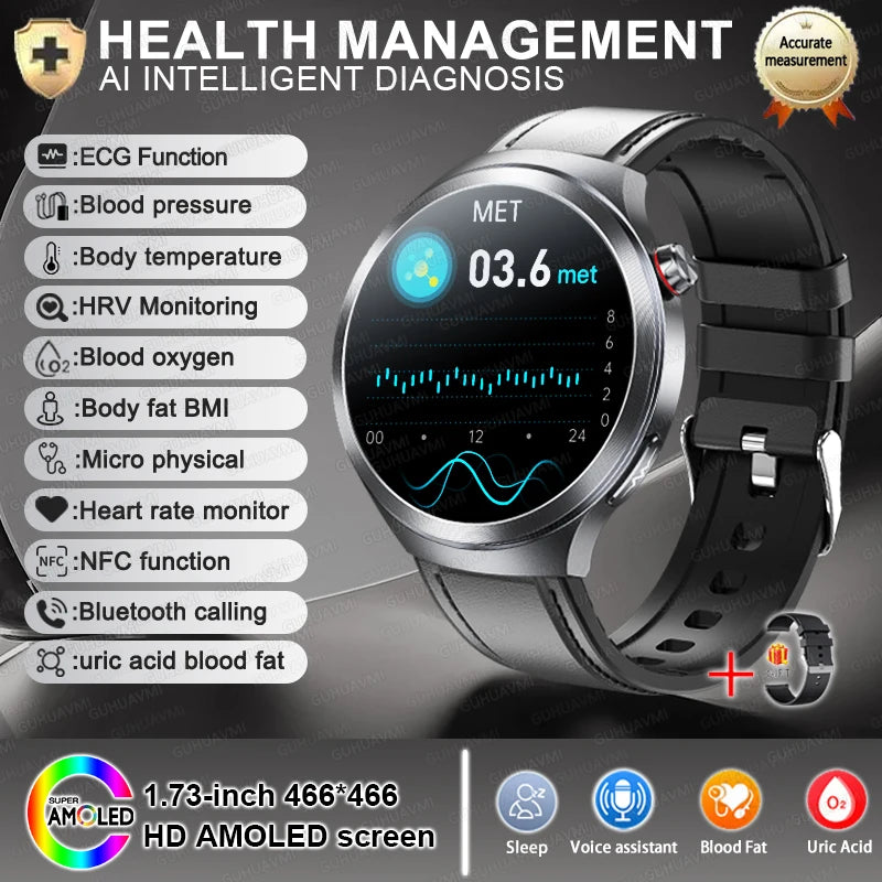 2026New 1.73-inch Sapphire AMOLED Smart Watch Men Women ECG Uric Acid Blood Pressure Health Track Call Clock Care Smartwatch NFC