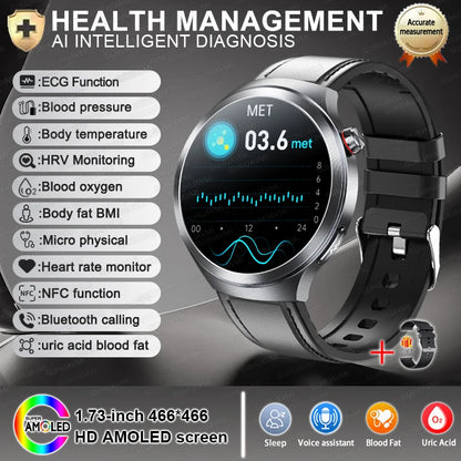 2026New 1.73-inch Sapphire AMOLED Smart Watch Men Women ECG Uric Acid Blood Pressure Health Track Call Clock Care Smartwatch NFC