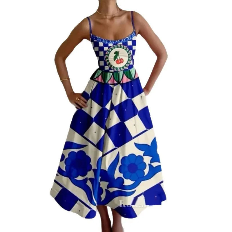 VEITCHE Fashion Women Print Suspenders Blue Ocean Fish Pattern Sexy Long Dress 2025 New Spring Summer Temperament Maxi Dresses