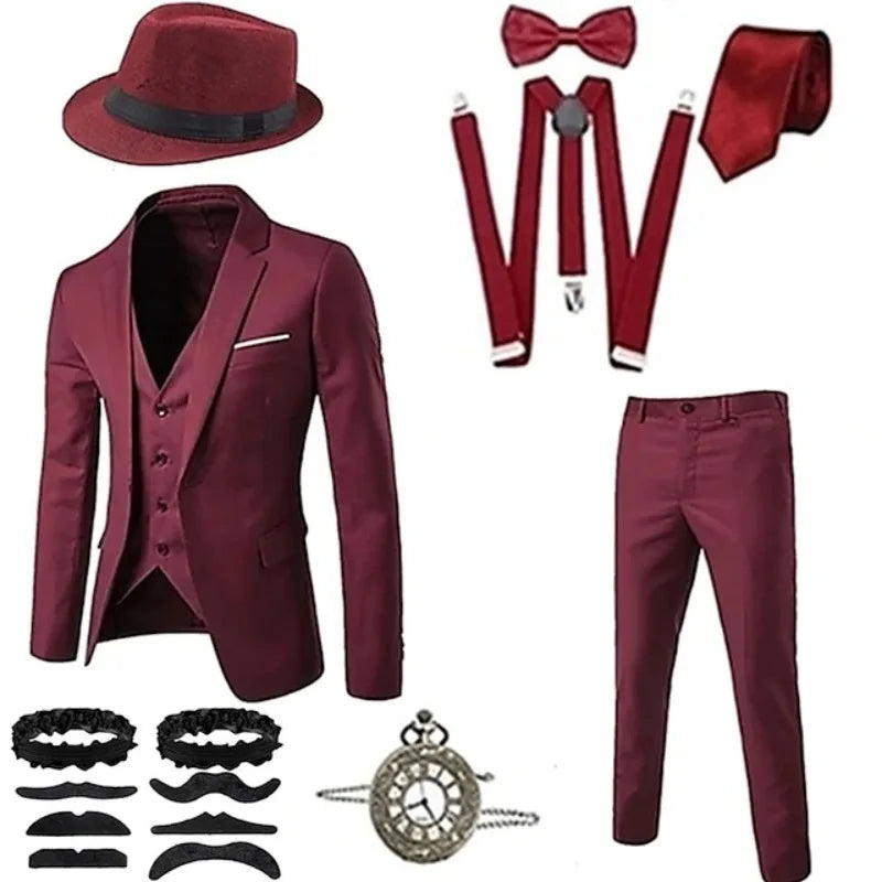 Retro Gatsby 1920S Men's Slim Fit Suit Set with Hat Vest Shirt for Engagement Party Dress Up
