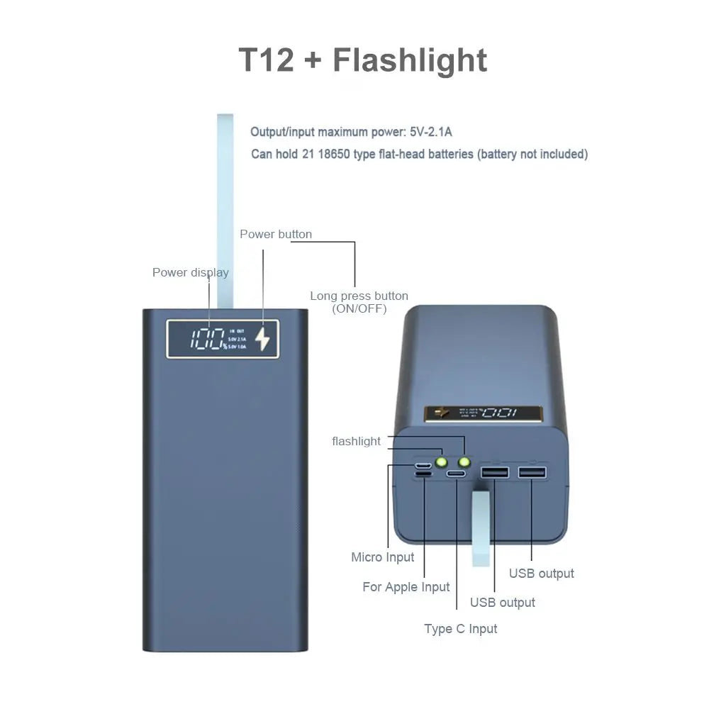 21x18650 Battery Storage Box Dual USB Charge18650 Battery Power Bank Case Shell with LED Light