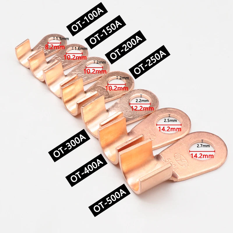 OT Series Wire Terminals 100A 150A 200A 250A 300A 400A 500A Red Copper Bare Nose Lugs Crimp Open Mouth Cable Connector Splice