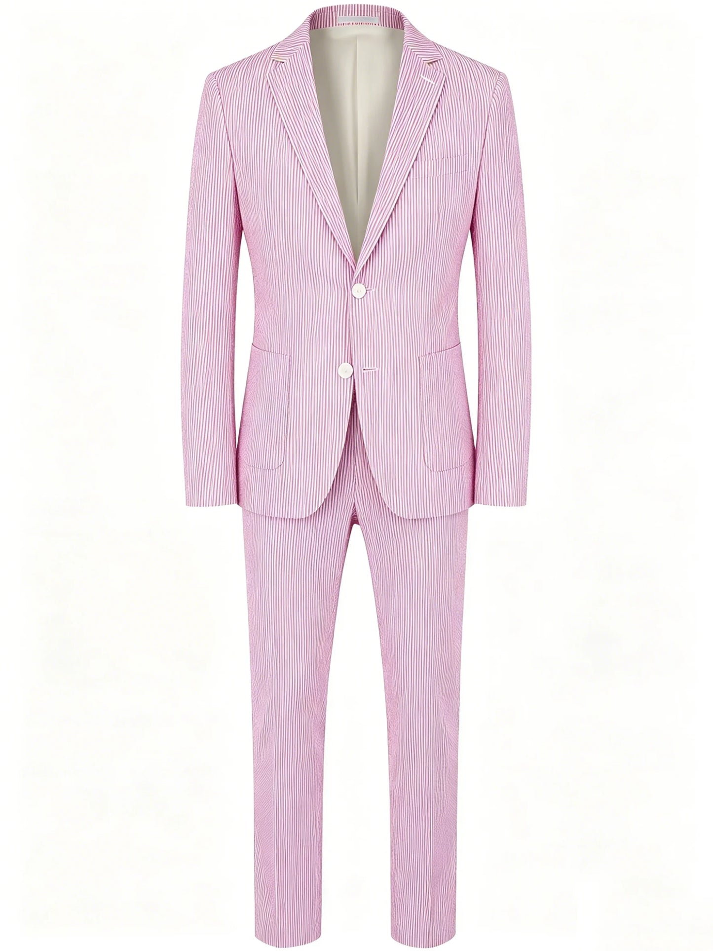 Men Summer Striped Seersucker 2 Piece Suit Wrinkle Free Light Blazer Trousers All Match Gentleman Daily Outfit