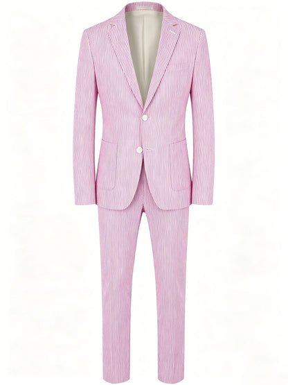 Men Summer Striped Seersucker 2 Piece Suit Wrinkle Free Light Blazer Trousers All Match Gentleman Daily Outfit