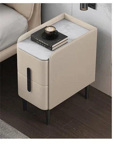 Moder Style Wooden Bedside Table Mini Narrow Leather Bedroom Nightstand Side Storage Cabinet with 2 Drawers Hotel End Table