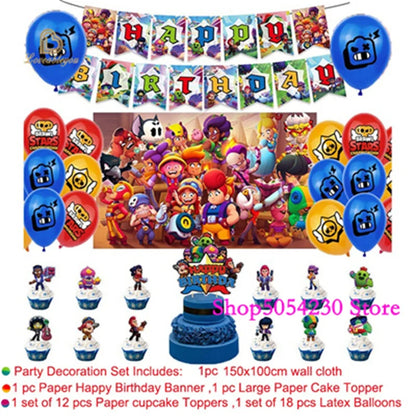 Brawl Stars Happy Birthday Party Supplies Set Cartoon Game Theme Tableware, Paper Plates & Backdrop Decorations for Celebrations